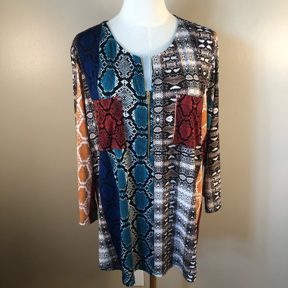 Ellen Tracy Multi Color Graphic 3/4 Rolled Sleeve 1/4 Zip Tunic Size XL